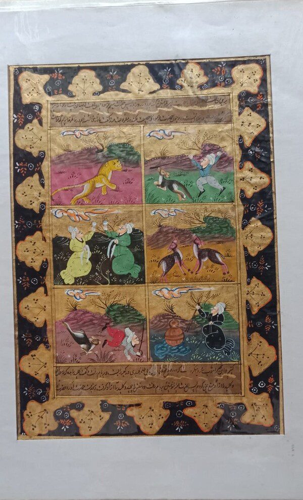 Persian Kalila wa Dimna Miniature Painting | Handmade Six-Panel Animal Fable Art